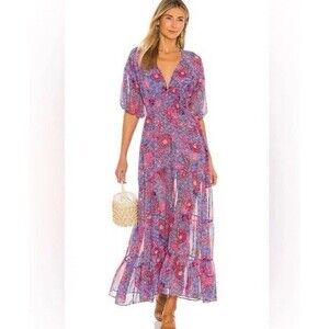 MISA Los Angeles Pippa Floral Tiered Maxi Dress Open Back Night Blooms M $375